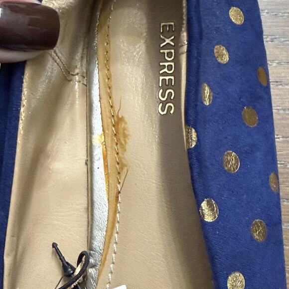 Express Shoes Womens Size 8 Royal Blue Pointed Toe Flats Gold Polka Dot Slip On - Picture 7 of 7